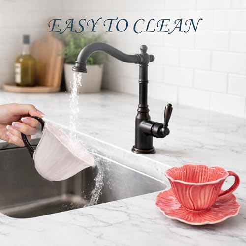 10 oz Tea Cups and Saucers, Hand-Painted Ceramic Flower-Shaped Coffee Cup | Saucer Set, Microwave & Dishwasher Safe, Elegant Floral Cup Set Gift for Women - color: Pink