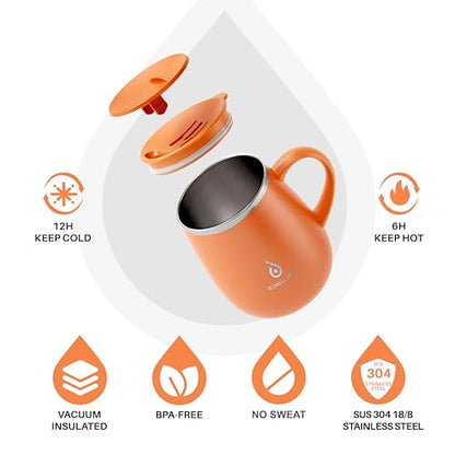 Ideus 16 oz Insulated Coffee Mug with Handle and Lid, Double Wall Stainless Steel Vacuum Thermal Coffee Mug, Travel Coffee Cup Thermal Cup for Home and Office (Orange Tiger 2.0, FUJI DAWN) - color: Orange Tiger 2.0