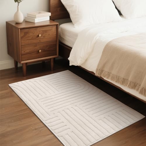 SHACOS Soft Cozy Fluffy Arch Pattern High-Low Pile Small Rug 2'x3' Non Slip Washable Textured Minimalist Area Rugs Modern Geometric Carpet for Bedroom Bathroom Kitchen, Beige - color: Beige, size: 2'x3'