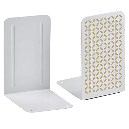 Acrimet Bookends for Shelves, Non-Skid Book Holder, Heavy Duty Steel Metal Book Ends for Home, Library, 6 7/8" H x 4" W x 4 1/2" D (White Bookends with Gold Design) (1 Pair / 2 Pieces) - color: White Bookend With Gold Design, size: 10 cm X 11,5 cm X 17,5
