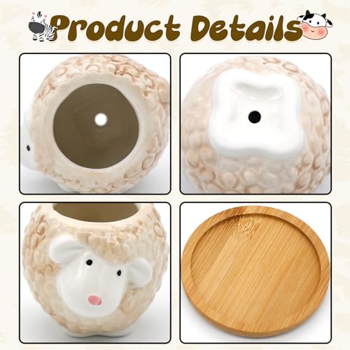 Photken Small Ceramic Succulent Pots - 6 Pack 3" Cartoon Animal Shape Planters Indoor & Outdoor with Drain Holes and Bamboo Tray for Succulents, and Herbs - style: Garden