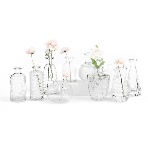 Gather & Bloom Creations Glass Bud Vases in Bulk – Set of 10 Mini Wedding Centerpiece Vases – Durable, Vintage-Inspired Clear Glass Vases for Flowers and Table Decor