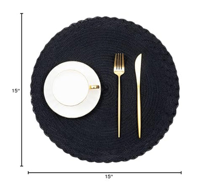 SHACOS Round Placemats Set of 6 Woven Round Table Mats 15 inch Braided Border Washable Cotton Polyester Circle Place Mats, Black - color: Black, size: 6 pieces