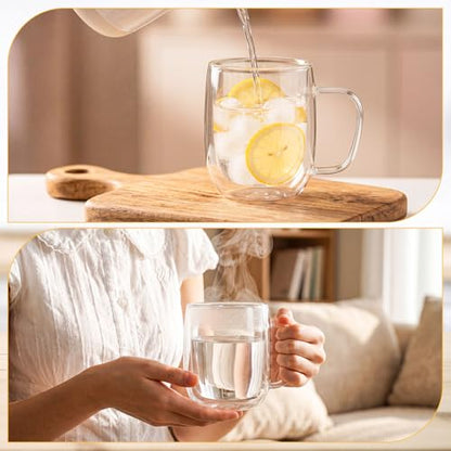 Patelai Glass Coffee Mugs Set of 6, 16 oz Clear Double Walled Coffee Cups Glasses Insulated Latte Mugs with Handle Espresso Clear Cups for Hot and Cold Beverages - color: Clear round, size: 480ml