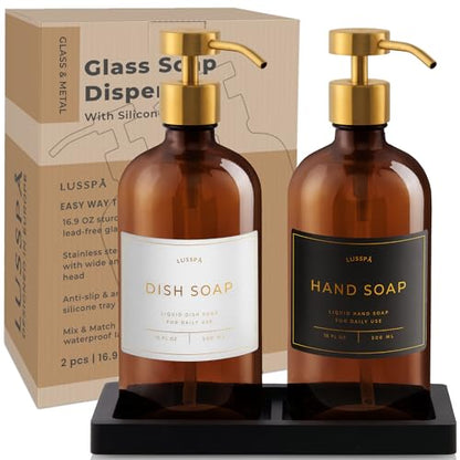 Glass Soap Dispenser Set of 2 (Amber) with Silicone Tray | Hand and Dish Soap Dispenser for Kitchen and Bathroom | 16.8 Oz Glass Bottles with Stainless Steel Pump & 15 Waterproof Labels (Amber/Gold) - color: Amber/Gold