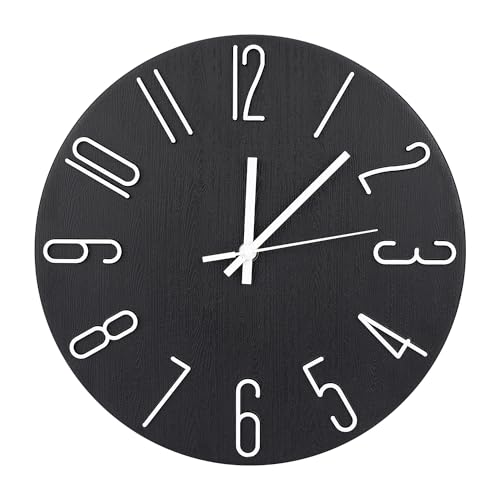 Wall Clock 12 Inch Silent Non-Ticking Imitation Wood Indoor Clock Round Black Decor Clock Modern 3D Figures Quartz Wall Clocks for Home, Hotel, Office, School, Bedroom, Living Room, Kitchen - color: Black