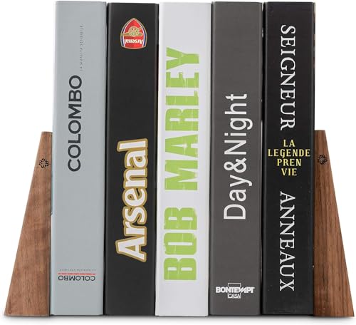 TILISMA Walnut Bookends for Shelves | Wooden Book Ends for Shelves | Sturdy Book Holders, Stoppers with Metal Base for Bookshelves | Slick Decorative Bookends Stands Firmly on Bookshelf (Pair)