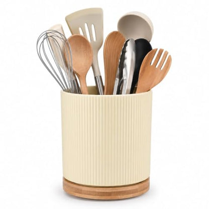 360° Rotating Ceramic Utensil Holder,Utensil Crock for Kitchen Counter | Kitchen Utensil Holder for Countertop with Rotatable Wooden Base,Ideal Housewarming Gifts & Mothers Day Gift-Yellow - color: Cream Yellow
