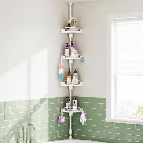 360° Rotating Corner Shower Caddy Tension Pole, 4-Tier Rustproof Shower Organizer, No-Drill Tool-Free Adjustable Height 34-124" for Bathroom Shelves Storage, White - color: White