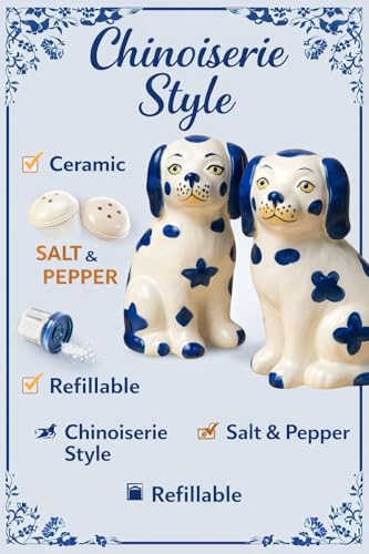 Staffordshire Dogs Chinoiserie Decor Blue Decorative Salt Pepper Shakers Set - Hand-Painted Ceramic
