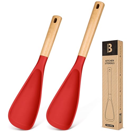 Multifunction Spoon for Nonstick Cookwares, Great for Cooking and Serving, Sturdy BPA-Free Matte Silicone, Wood Handle spoonula for Mixing, Scoop, and Scrape, Red(2 pack,11.4" & 13.4") - color: Red