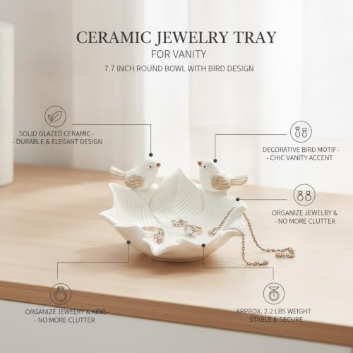 Ceramic Jewelry Tray for Vanity, Decorative Catch-All Dish for Rings Earrings Keys, 7.7 Inch Round Bowl with Bird Design (1 PC)