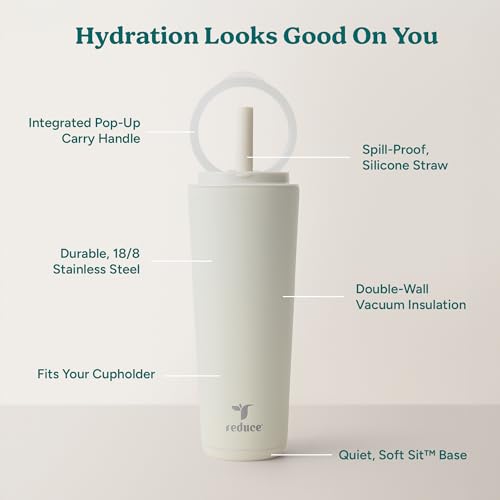 REDUCE Halo 24 oz Stainless Steel Vacuum Insulated Tumbler - Spill Proof Travel Mug with Flip Handle Lid - Keeps Drinks Cold for 32 Hrs - Dishwasher Safe - Cupholder Friendly - Unbleached - color: Unbleached, size: 24 Ounces
