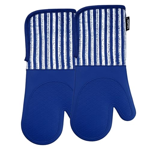 Alselo Silicone Oven Mitts Heat Resistant 932℉ with Waterproof & Non-Slip | Kitchen Mittens Set of 2,Extra Long 7.5"x15" Oven Gloves with Soft Cotton Terry Lining for Baking Cooking BBQ(Cobait Blue,2) - color: Cobait Blue