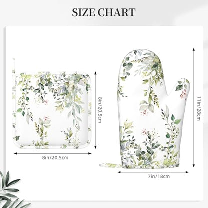 Sage Green Eucalyptus Oven Mitts and Pot Holders Sets Silicone Watercolor Butterfly Leaves Kitchen Mitts Potholders Heat Resistant 4Pcs Oven Gloves Hot Pads for Kitchen Baking Cooking - color: Green Eucalyptus