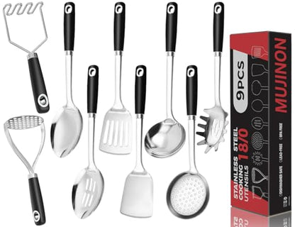 18/0 Stainless Steel Cooking Utensils Set, Heavy Duty Kitchen Utensils for Daily Use Party Wedding Housewarming, Dishwasher Safe, 9 Pieces - color: Black, size: 9PCS-Cooking Utensils Set