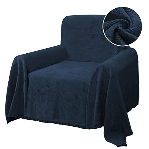 H.VERSAILTEX Cotton Sofa Covers Couch Cover Sofa Slipcover for Most Shape Sofas, Feature Thick Woven Jacquard Seamless with Tassels, Multi-Use Decorative for Couch (Medium: 71" x 91", Navy) - color: Navy, size: Medium