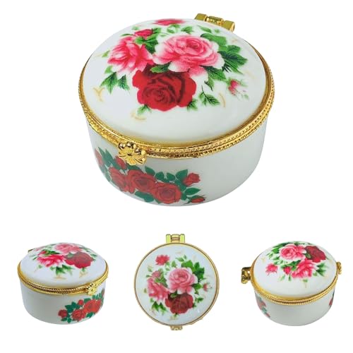 Tiny Round Porcelain Trinket Box | Pink Rose Bouquet | French Style Gift Box with Velvet Bag - style: Pink Rose Bouquet Round