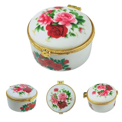 Tiny Round Porcelain Trinket Box | Pink Rose Bouquet | French Style Gift Box with Velvet Bag - style: Pink Rose Bouquet Round