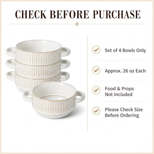 French Onion Soup Bowls with Handles, 26 oz Oven Safe Ceramic Soup Crocks Set of 4, Large Soup Bowls for Chili, Beef Stew, Gumbo, Microwave & Dishwasher Safe
