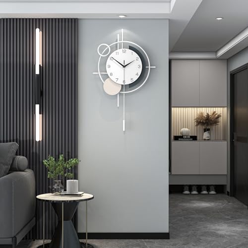 Large Decorative Wall Clock Silent Battery Operated with Pendulum | Non-Ticking Quartz Analog White Wall Clock for Living Room Kitchen Office Bathroom Bedroom Home Iron Wall Art 17.7x27.3 inch - color: White, size: 17x27 in