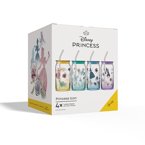 JoyJolt Disney Princess Icon Glass Tumblers with Lids and Straws, 16oz Glass Cups with Lids and Straws ft Princess Jasmine Ariel Cinderella Belle, 4pc Can Shaped Drinking Glasses, Iced Coffee Cups - style: Princess