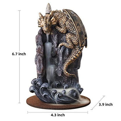 Dragon Backflow Incense Holder Waterfall Incense Burner, with 100 Backflow Incense Cones,1 Mat,1 Tweezers，Aromatherapy Ornamental for Home Office Yoga （Golden Dragon） - color: Golden