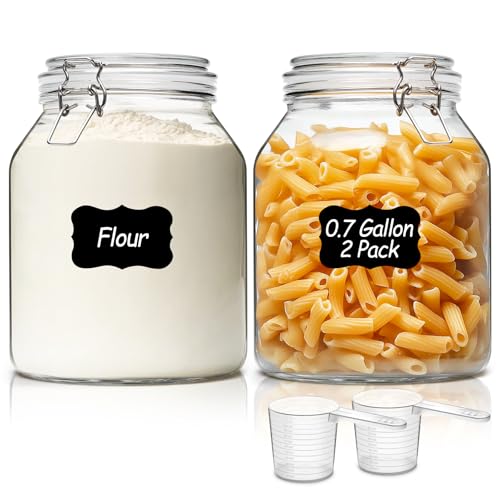 ComSaf Glass Pantry Jars with Airtight Lids 0.7 Gallon 2 Pack Wide Mouth | Flour sugar rice, Sourdough pickling, Pantry organization, Scoop included, Baking supplies, Bulk food storage, Large capacity - size: 88oz*2