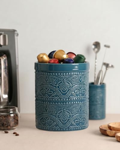 Kitchen Utensil Holder, 7.2+5.5" Super Large Utensil Crock Heavy and Stable Lace Emboss Ceramic Utensil Holder for Kitchen Counter(2Pcs Grayish Blue) - color: 2Pcs Grayish Blue