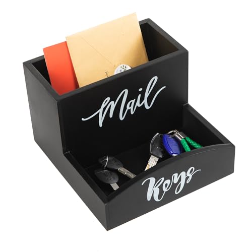 Rustic Black Torched Wooden Key Mail Organizer Word Front Label Table Top Organizing Bin Wood Countertop Desktop Cellphone Wallet Stationery Jewelry Storage Tray Entryway Home Office Farmhouse