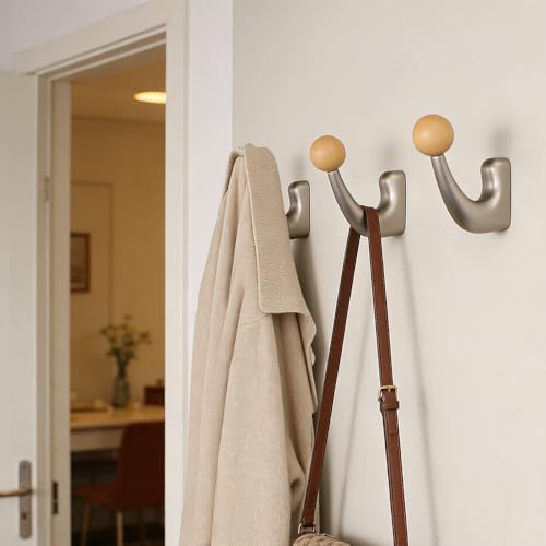 wall-Mounted Light Luxury Coat Hooks, Used for Hanging Coats, Hats, Scarves and Towels, Suitable for Entrance Halls, bathrooms and bedrooms (2, 7110Nickel Brushed Finish + Beech Wood) - color: 7110Nickel brushed finish + beech wood