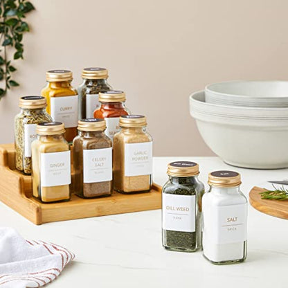 Talented Kitchen Spice Jars - 24-Pack 6 oz Glass Jars with Gold Shaker Lids - 328 Preprinted Labels & Silicone Funnel - Seasoning Organizer for Kitchen Storage