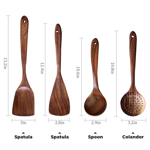 4-Piece Teak Wooden Spoons for Cooking - Wooden Utensils Set | Easy to Clean, Durable, Non-stick, Smooth with Comfort Grip - Non Toxic Wooden Kitchen Cookware Utensil Sets - size: 4Pcs