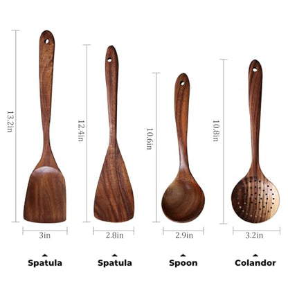 4-Piece Teak Wooden Spoons for Cooking - Wooden Utensils Set | Easy to Clean, Durable, Non-stick, Smooth with Comfort Grip - Non Toxic Wooden Kitchen Cookware Utensil Sets - size: 4Pcs