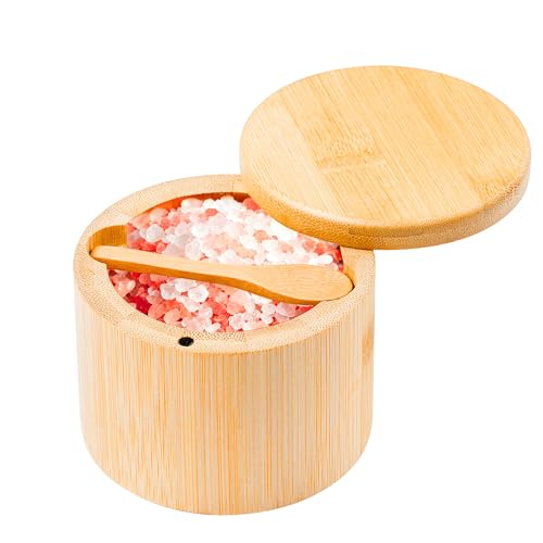 Bamboo Salt Cellar Salt Container Salt Box Bowl with Swivel Lid Spice Box with Spoon for Countertop to Store Sea Salt Pepper Sugar 6 Ounce Capacity