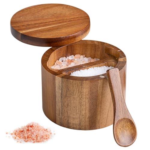 Salt Container with Spoon 2 Compartment 3.5x2.8 Inch Wooden Cellar with Magnetic Swivel Lid Spice Box for Kitchen, Salt Box