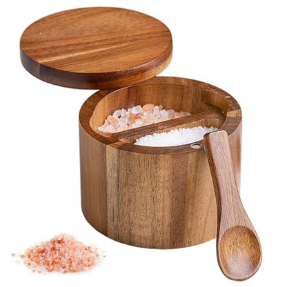 Salt Container with Spoon 2 Compartment 3.5x2.8 Inch Wooden Cellar with Magnetic Swivel Lid Spice Box for Kitchen, Salt Box