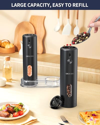CIRCLE JOY Rechargeable Electric Salt and Pepper Grinder Set with Base, Automatic Pepper Mills with 110ml Container, External Adjustable Coarseness, White Led Light and One-Handed Operation, Black - color: Upgrade Black