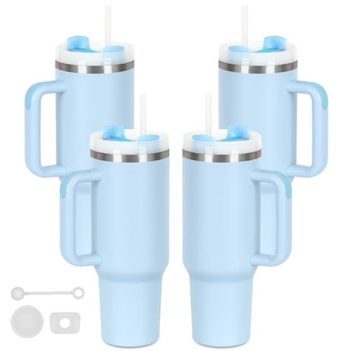 4 Pack 40 Oz Tumblers with Handle Bulk, Double Wall Vacuum Insulated Stainless Steel Tumblers with Lid and Straw, 40 oz Cups with Silicone Spill Proof Stopper Set (Sky Blue) - color: Sky Blue