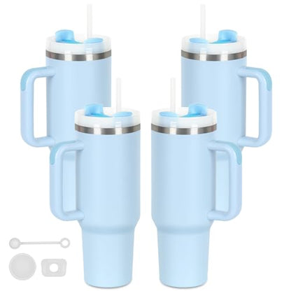 4 Pack 40 Oz Tumblers with Handle Bulk, Double Wall Vacuum Insulated Stainless Steel Tumblers with Lid and Straw, 40 oz Cups with Silicone Spill Proof Stopper Set (Sky Blue) - color: Sky Blue