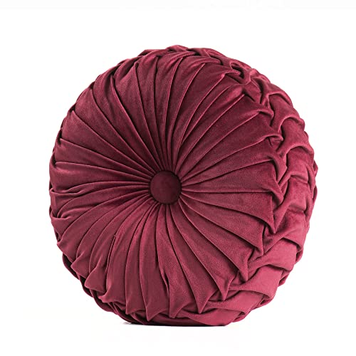 MOJUN Round Velvet Throw Pillow - Pleated Filled Cushion for Home Decor, Couch, Chair, Bed, Car Floor (Red, 14inch) - color: B Red