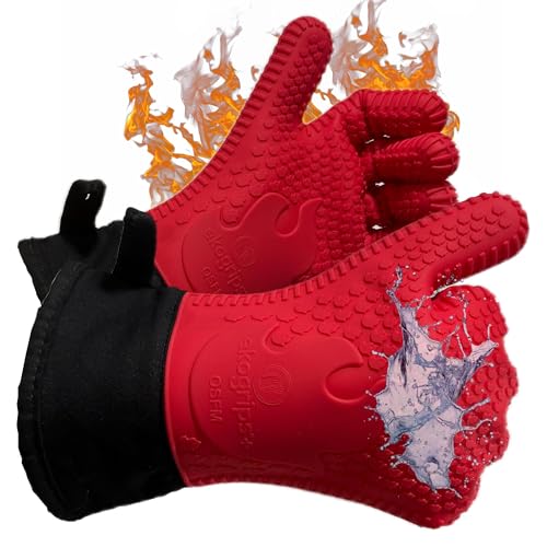 Ekogrips+ Premium Silicone Oven Mitts - Comfy, Waterproof, Heat Resistant BBQ Gloves for Grilling, Long Cuff for Added Protection, 5 Finger Dexterity, 3 Sizes, 4 Colors, L/XL, Red - color: Red, size: L/XL