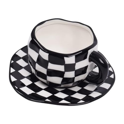 Koythin 10oz Ceramic Coffee Mug With Saucer, Black White Plaid Latte Cup | 300ml Drinkware, Microwave & Dishwasher Safe; Daily Office Cup, Sweet Gift For Women - color: Black and White Plaid