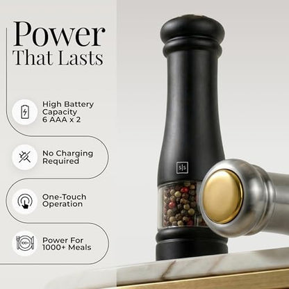 Styled Settings Electric Salt and Pepper Grinder Set, Black & silver | Automatic Stainless Steel Grinders, LED Light, Battery Operated, Adjustable Coarseness, Wood Base, Salt And Pepper Mill - color: Black & Silver