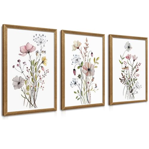 WRFON Framed Botanical Canvas Wall Art Set of 3, Watercolor Floral Prints, Framed Flower Wall Decor for Bedroom Bathroom Living Room, 20x30 Inch Each - color: Pink Flower(Framed), size: 30"L x 20"W