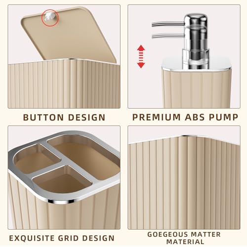 XLHOMO Bathroom Accessories Set - 25PC Bathroom Sets with Shower Curtain and Rugs, Beige Bathroom Set with Trash Can, Soap Dispenser, Soap Dish & Toilet Brush - size: Bath Set+Shower Curtain+Rugs, style: Beige&Silver