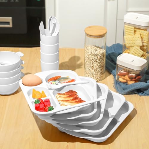 Honoson 24 Pcs Wheat Straw Dinnerware Cutlery Set, Service for 4, Unbreakable Plates and Bowls Set - Divided Plates, Bowls, Spoons, Forks & Knives, Microwave & Dishwasher Safe(White) - color: White