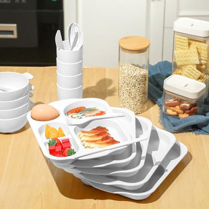 Honoson 24 Pcs Wheat Straw Dinnerware Cutlery Set, Service for 4, Unbreakable Plates and Bowls Set - Divided Plates, Bowls, Spoons, Forks & Knives, Microwave & Dishwasher Safe(White) - color: White