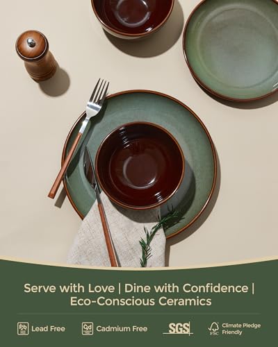 16 Piece Double Bowl Dinnerware Sets with Pasta Bowls, Highly Chip and Crack Resistant Plates and Bowls Sets, Natural Earthyware Ceramic Dishware Sets, Service for 4 Sage Green - color: Sage Green, size: Set (16pcs)