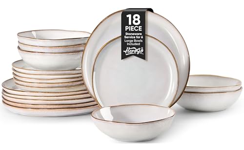 Herogo 18 Piece Stoneware Dinnerware Sets for 6, Plates and Bowls Dinner Dish Set, Irregular Handmade Dinning Ware Dishware for Home Kitchen, Microwave & Dishwasher Safe, Pearl White - color: Pearl White, size: 6 Set (18pcs)